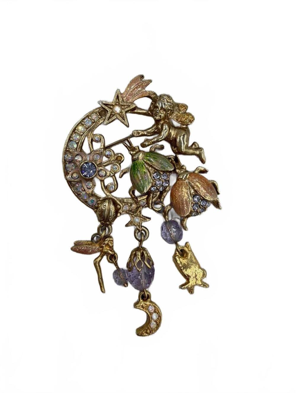 Vintage Kirk's Folly Fairy Moon Brooch Celestial Rhinestone Dangle Pin